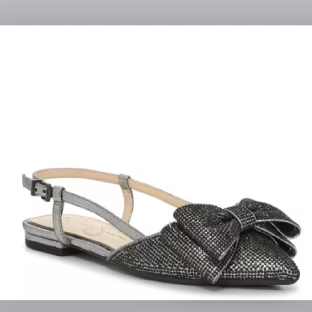 Jessica Simpson Cawny Black/Silver Bow Glitter Rhinestone Slingback Flat 7.5